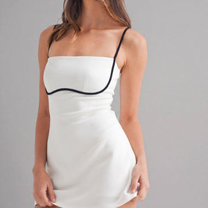 White Contrast Binding A-line Dress With Shorts Inside