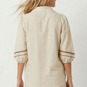 Taupe Contrast Trim Puff Sleeve Linen Set