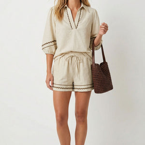 Taupe Contrast Trim Puff Sleeve Linen Set