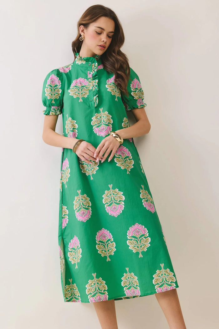 Green Floral Print Ruffle Collar Button Down Midi Dress
