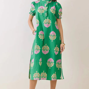 Green Floral Print Ruffle Collar Button Down Midi Dress