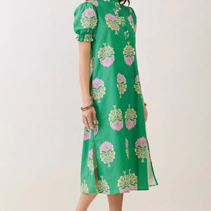 Green Floral Print Ruffle Collar Button Down Midi Dress