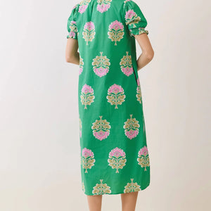 Green Floral Print Ruffle Collar Button Down Midi Dress