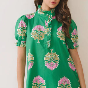 Green Floral Print Ruffle Collar Button Down Midi Dress