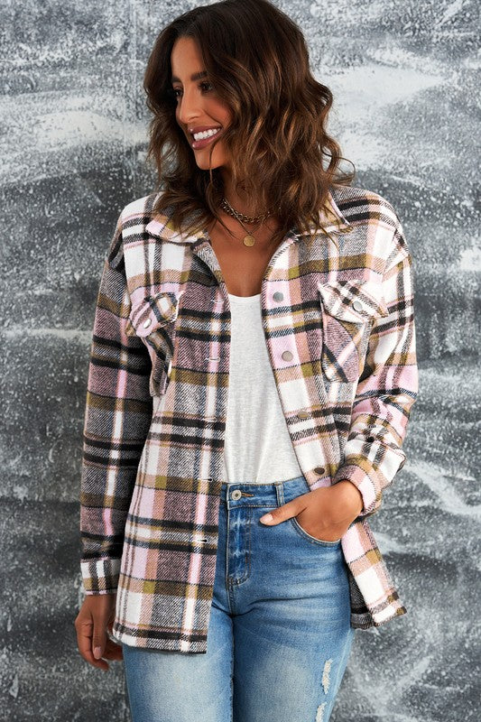 Pink Plaid Print Pocketed Shacket