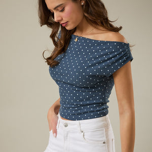 Blue Slouchy Shoulder Sleeveless Polka Dot Rib Top