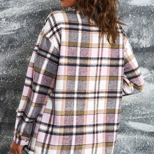 Pink Plaid Print Pocketed Shacket