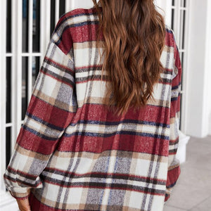 Red Plaid Print Pocketed Shacket