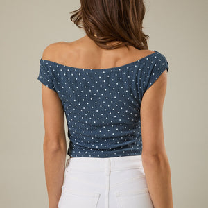 Blue Slouchy Shoulder Sleeveless Polka Dot Rib Top