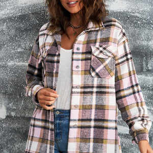 Pink Plaid Print Pocketed Shacket