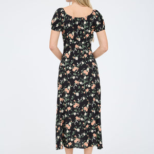 Black Floral Front Tie Short Puff Sleeve Midi Dress