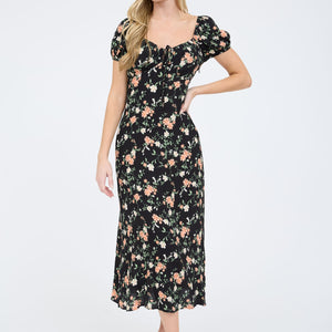 Black Floral Front Tie Short Puff Sleeve Midi Dress