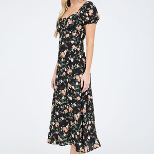 Black Floral Front Tie Short Puff Sleeve Midi Dress