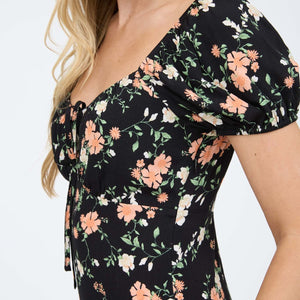 Black Floral Front Tie Short Puff Sleeve Midi Dress