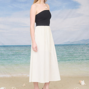 Black Strapless Mixed Media Midi Dress