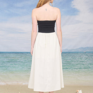 Black Strapless Mixed Media Midi Dress