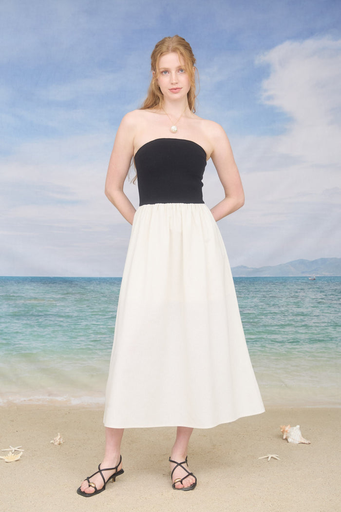 Black Strapless Mixed Media Midi Dress
