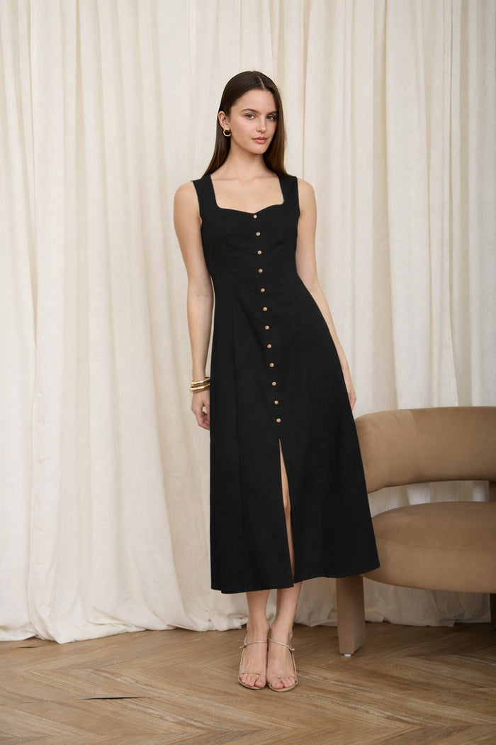 Black Button Down Sleeveless Split Hem Linen Midi Dress