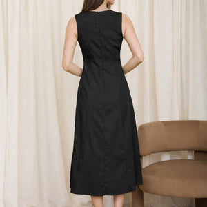 Black Button Down Sleeveless Split Hem Linen Midi Dress