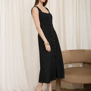 Black Button Down Sleeveless Split Hem Linen Midi Dress