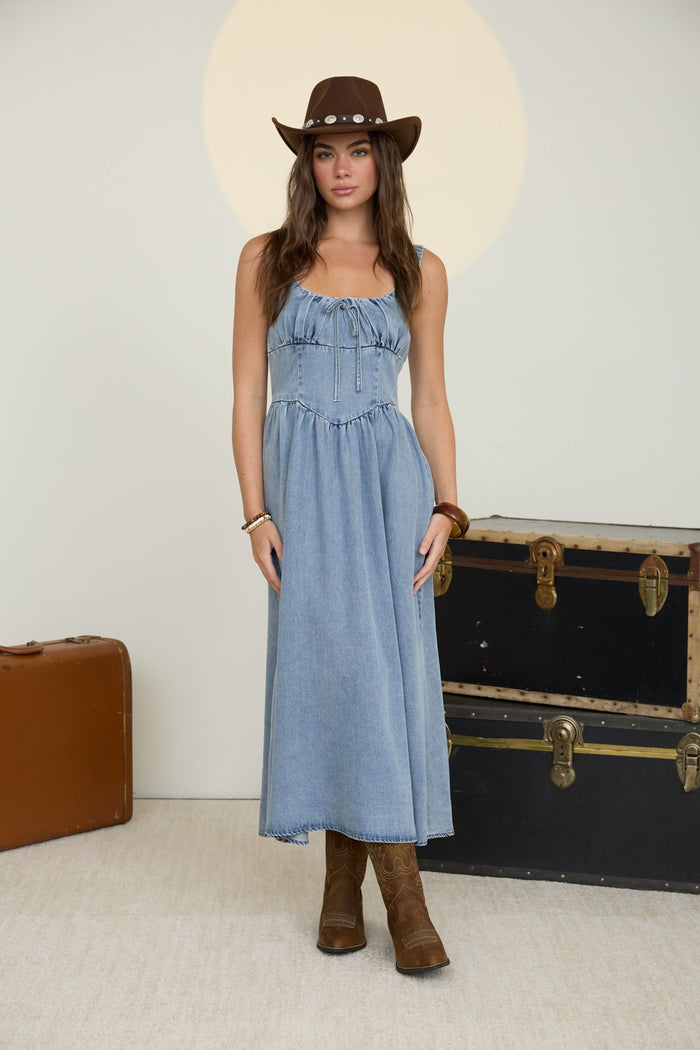 Washed Denim Sleeveless Corset Detail Midi Dress