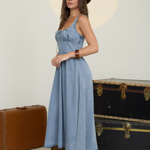 Washed Denim Sleeveless Corset Detail Midi Dress