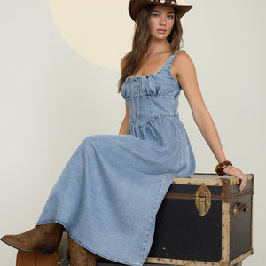 Washed Denim Sleeveless Corset Detail Midi Dress