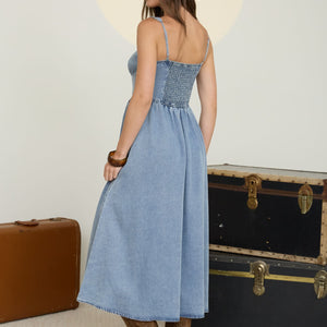 Washed Denim Sleeveless Corset Detail Midi Dress