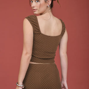 Brown Polka Dot Front Tie And Ruching Detail Set