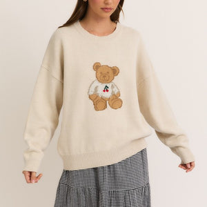 LONG SLEEVE CREW NECK TEDDY BEAR CHERRY SWEATER