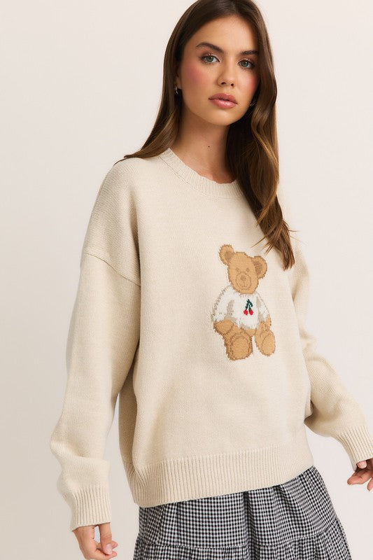 LONG SLEEVE CREW NECK TEDDY BEAR CHERRY SWEATER