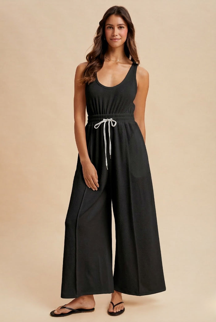 Black Textured Crepe Knit Wide-leg Tank Jumpsuit