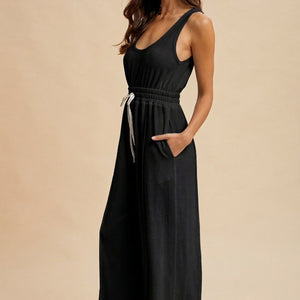 Black Textured Crepe Knit Wide-leg Tank Jumpsuit