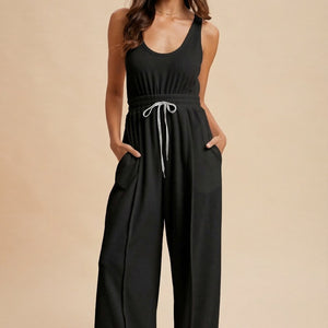 Black Textured Crepe Knit Wide-leg Tank Jumpsuit