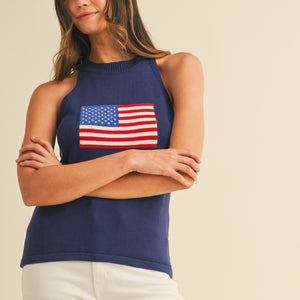 Navy American Flag Halter Neck Sweater Top