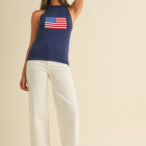 Navy American Flag Halter Neck Sweater Top