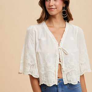 Ivory Floral Embroidery Tie Front Blouse