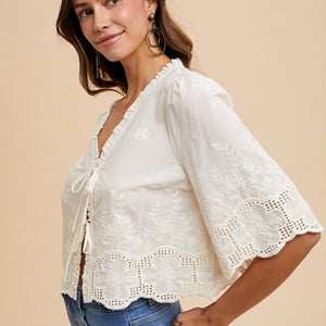 Ivory Floral Embroidery Tie Front Blouse