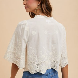 Ivory Floral Embroidery Tie Front Blouse