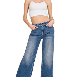 HIGH WAIST STRAIGHT LEG MEDIUM WASH DENIM PANTS