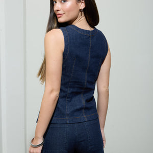 Round Neck Button Down Denim Vest & Jean Set
