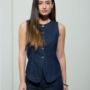 Round Neck Button Down Denim Vest & Jean Set