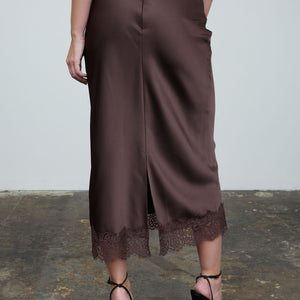 Brown Satin Lace Trim Detail Cami & Skirt Set