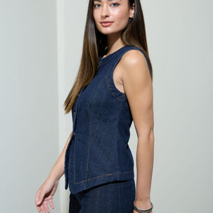 Round Neck Button Down Denim Vest & Jean Set
