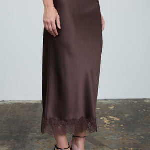 Brown Satin Lace Trim Detail Cami & Skirt Set