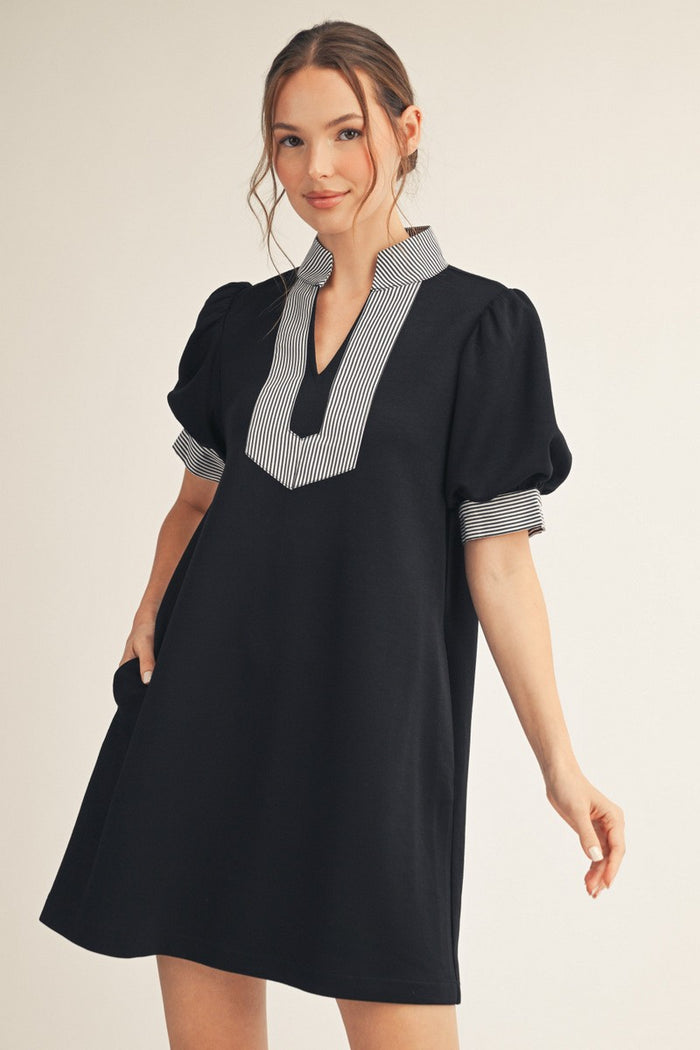 Black Stripe Contrast Accent Solid Dress