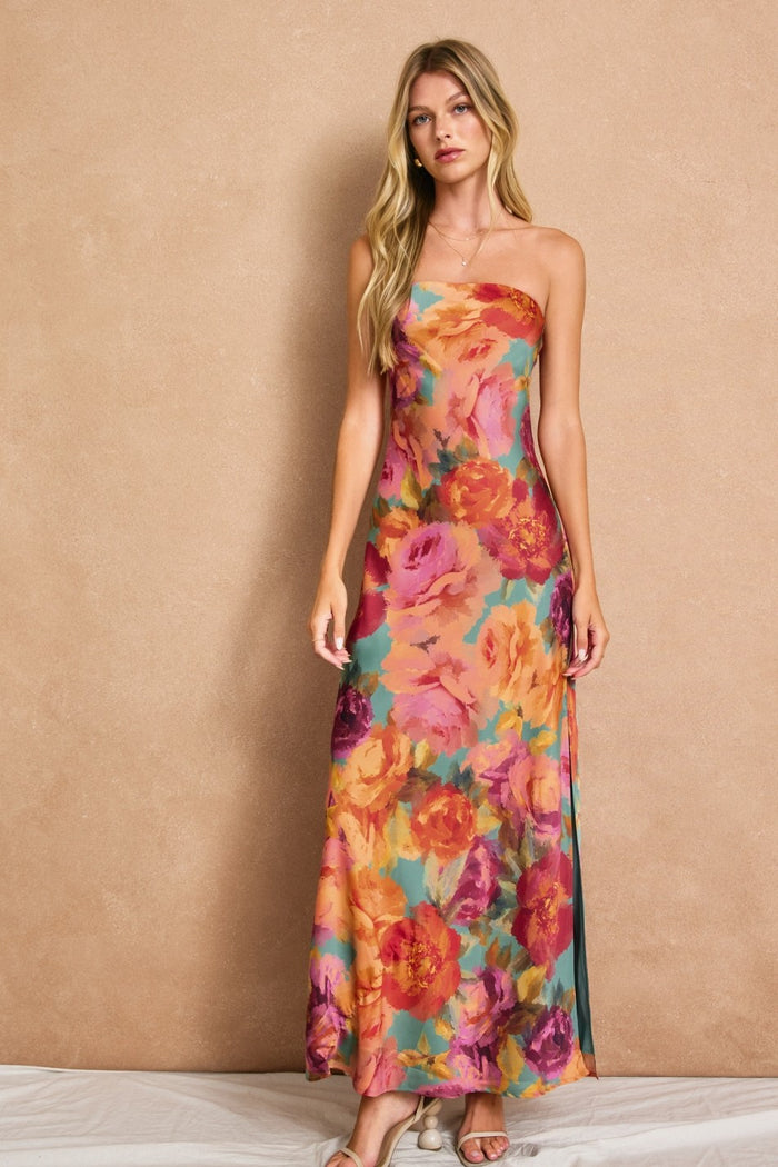 Floral Strapless Bias Cut Maxi Dress