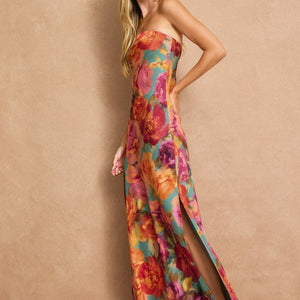 Floral Strapless Bias Cut Maxi Dress