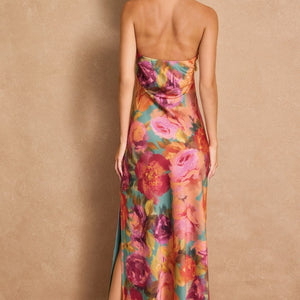 Floral Strapless Bias Cut Maxi Dress