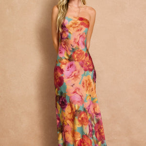 Floral Strapless Bias Cut Maxi Dress